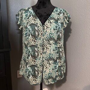 Cato Woman Blouse 14/16W Green Floral Lace Print Flutter Sleeve Boho Chic Top